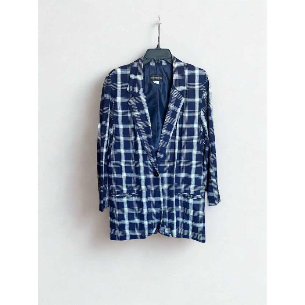 Vintage Y2K Requirements Blazer Women 12 Blue Plaid Linen Blend‎ Longline Jacket